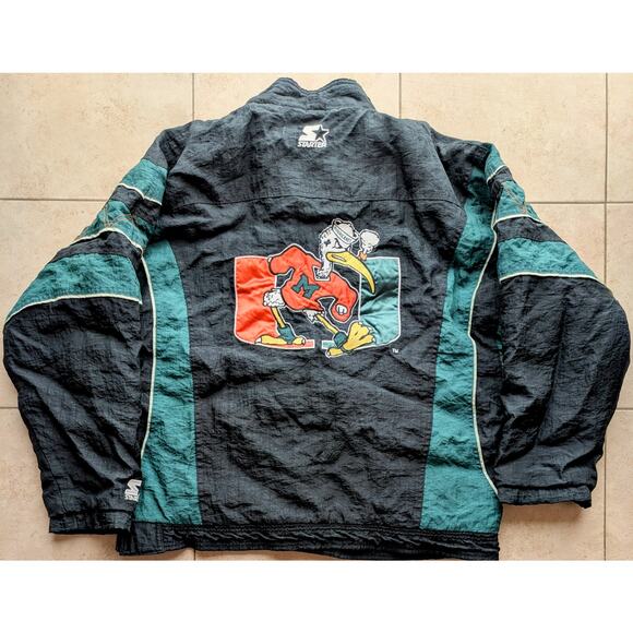 UM Miami Hurricanes 90s STARTER puffer 1/2 jacket L black NCAA University vtg